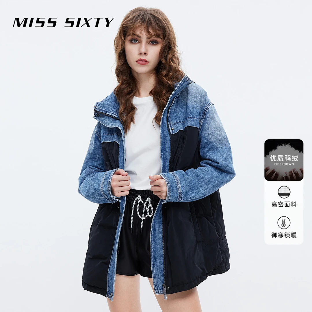 MissSixty牛仔羽绒外套个性拼接显瘦中长款潮citywarm