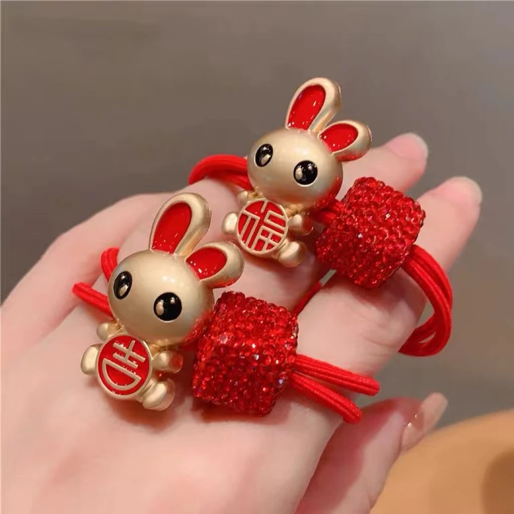 2件套红色兔子生肖头绳可爱卡通新年皮筋C125