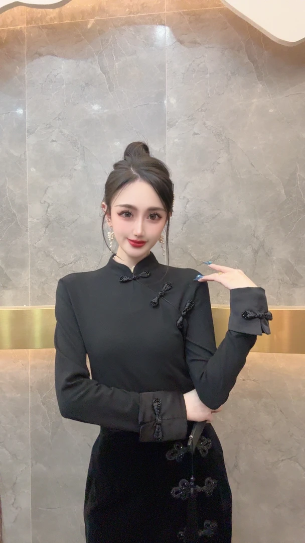 6016新国潮斜扣编制袖口拼接上衣