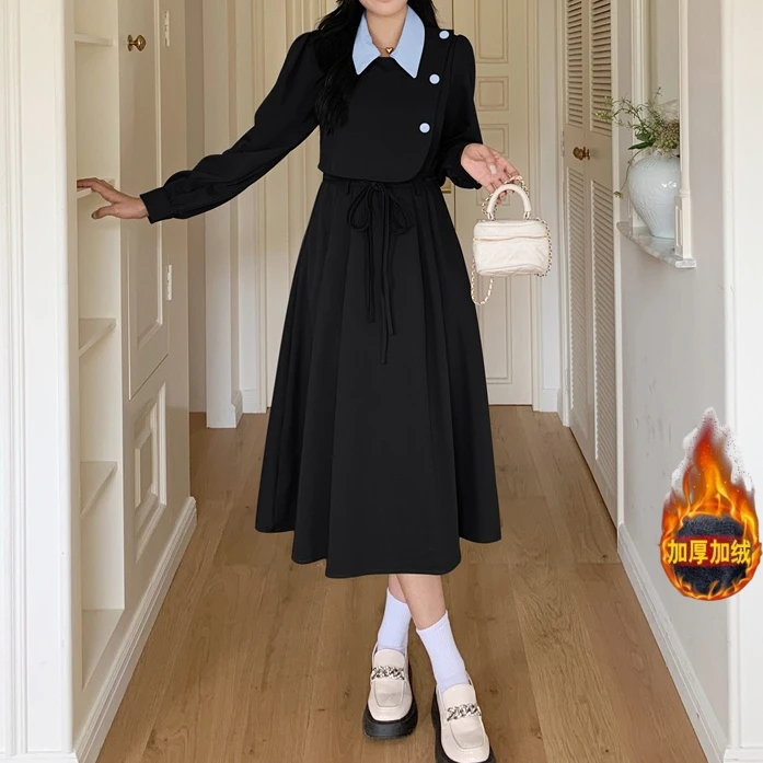 学院风假两件连衣裙加绒收腰Polo领减龄显瘦撞色黑色桔梗裙长裙