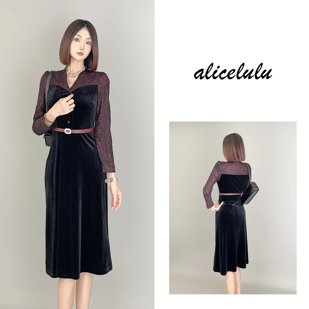 5 ALICE “丝绒赴宴”连衣裙 蕾丝烫钻 华美浪漫 S1034507J