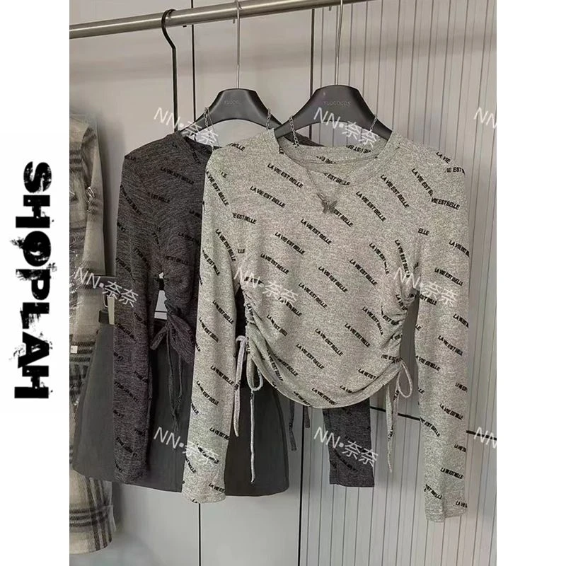 SHOPLAH早秋新款订制面料植绒印花复古做旧弹力修身打底衫女ins潮