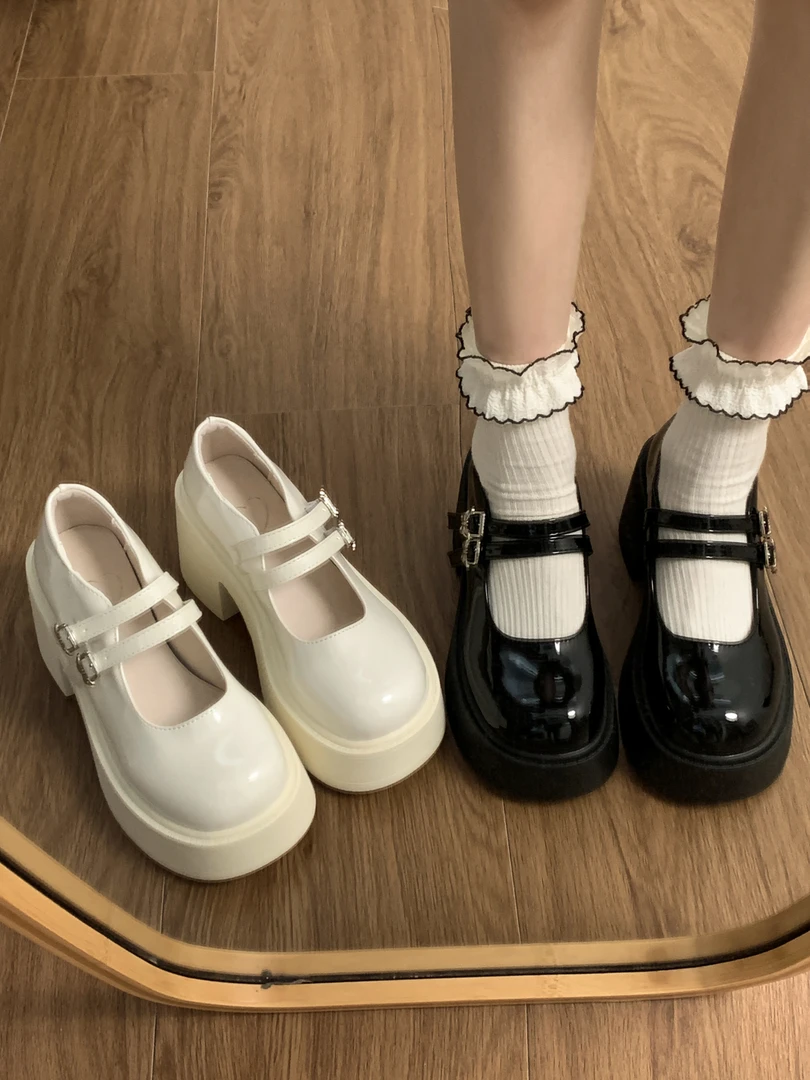 粗跟厚底百搭白色黑色春夏学院风日系复古圆头高跟玛丽珍小皮鞋