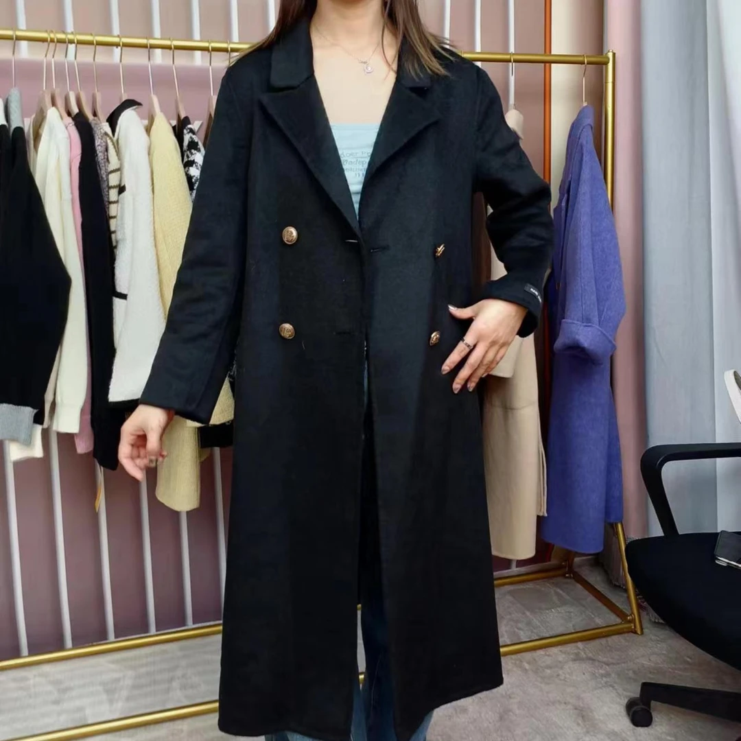 黑色双排扣长款毛呢大衣气质网红时尚休闲百搭双面中长款经典