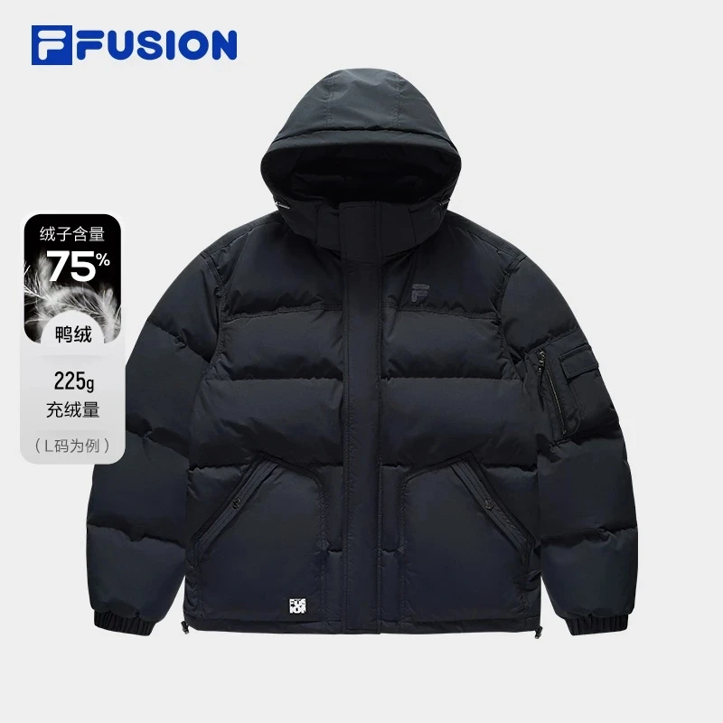 FILA斐乐潮牌冬季保暖短款运动羽绒服男士连帽外套黑T11M443901F