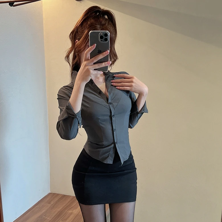 纯欲收腰高级灰色衬衫女性感修身长袖衬衣包臀裙气质OL工作服套装