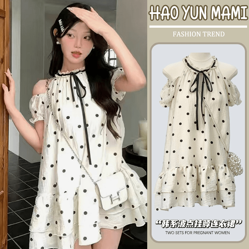 【蕊蕊推荐】孕妇装夏季时尚宽松显瘦甜美减龄波点露肩泡泡袖连衣裙