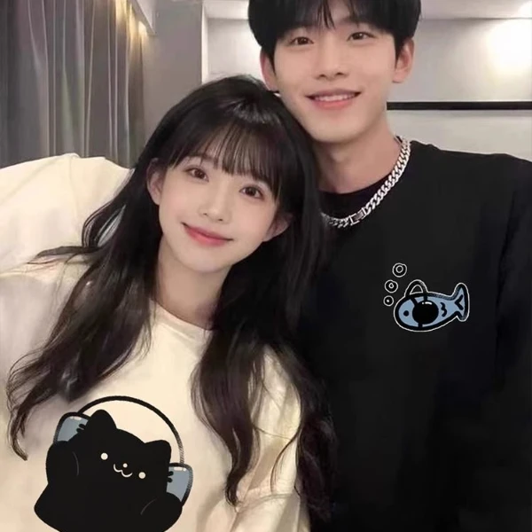 情侣卫衣2025新款一男一女秋冬宽松纯棉加绒圆领卫衣高级感情侣装