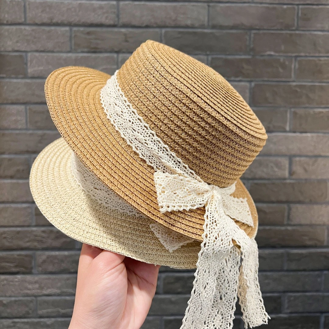 女童春夏防晒遮阳帽子夏天出游沙滩帽可爱百搭韩版蕾丝蝴蝶结草帽