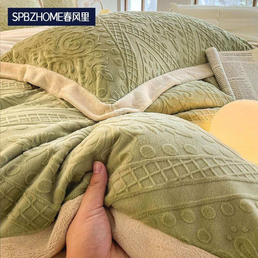 春风里加厚牛奶绒四件套高级感花边加绒床上用品床单被套三件套