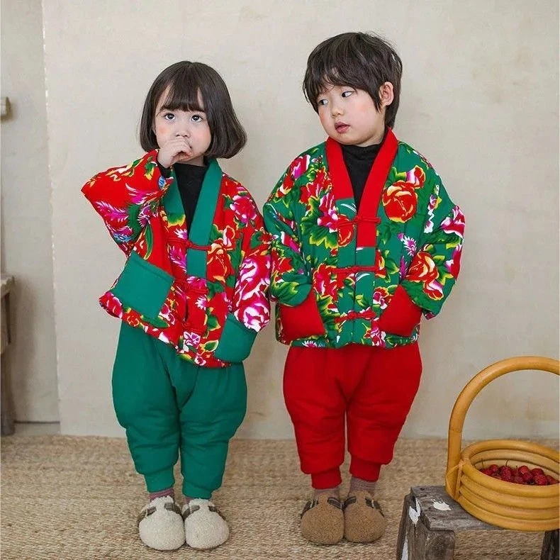 东北大花袄儿童唐装男童中国风冬款女宝宝喜庆拜年服加厚保暖套