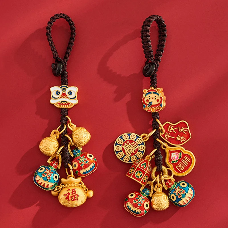 财神爷吞金兽汽车钥匙扣挂件新年龙年沙金铜一家三口四口古法金