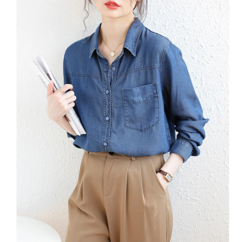 夏季薄款天丝牛仔衬衫凉感复古个性别致上档次高端牛仔衬衣