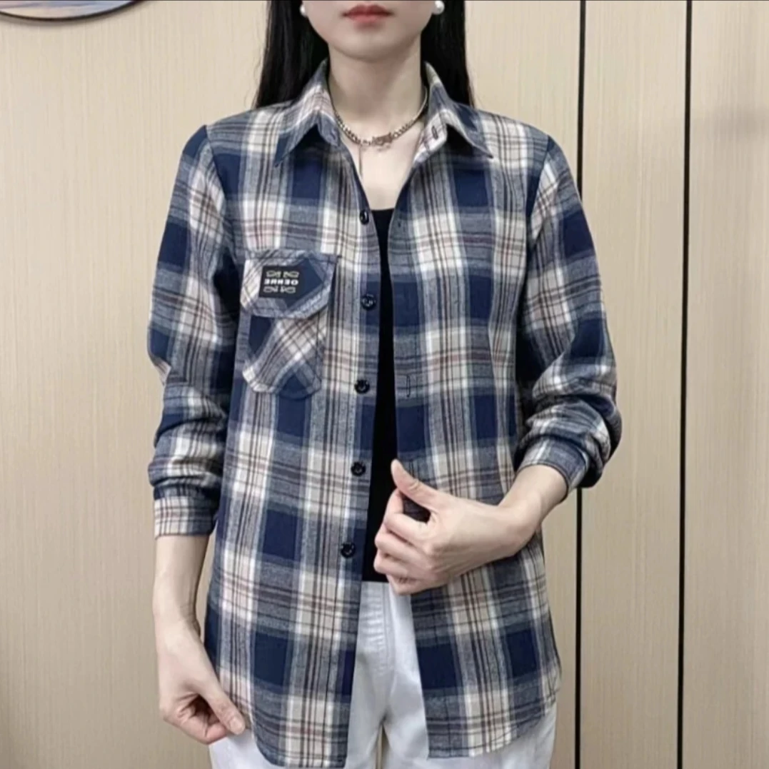 2024年新款夏季长袖格子衬衫时尚百搭休闲春秋宽松格纹衬衣上衣女
