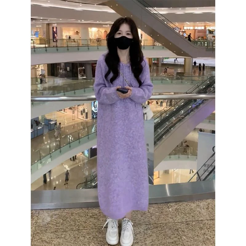 大码女装法式慵懒风高级设计感连帽毛衣裙2024秋冬百搭针织连衣裙