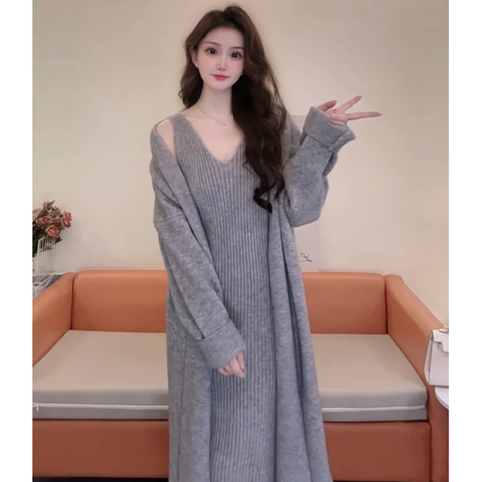 法式慵懒风气质针织中长款针织背心连衣裙子针织开衫套装裙秋装女