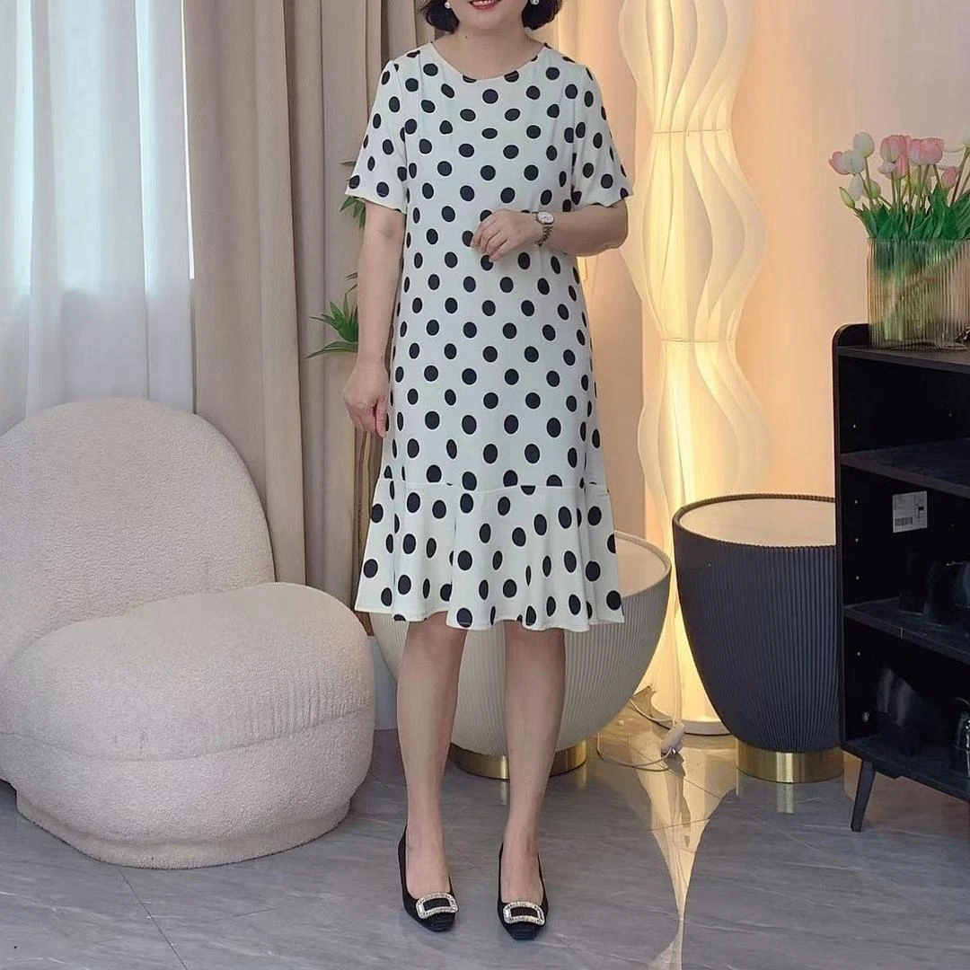 高端货品牌清仓大码遮肉波点鱼尾连衣裙休闲宽松进口西装面料休闲