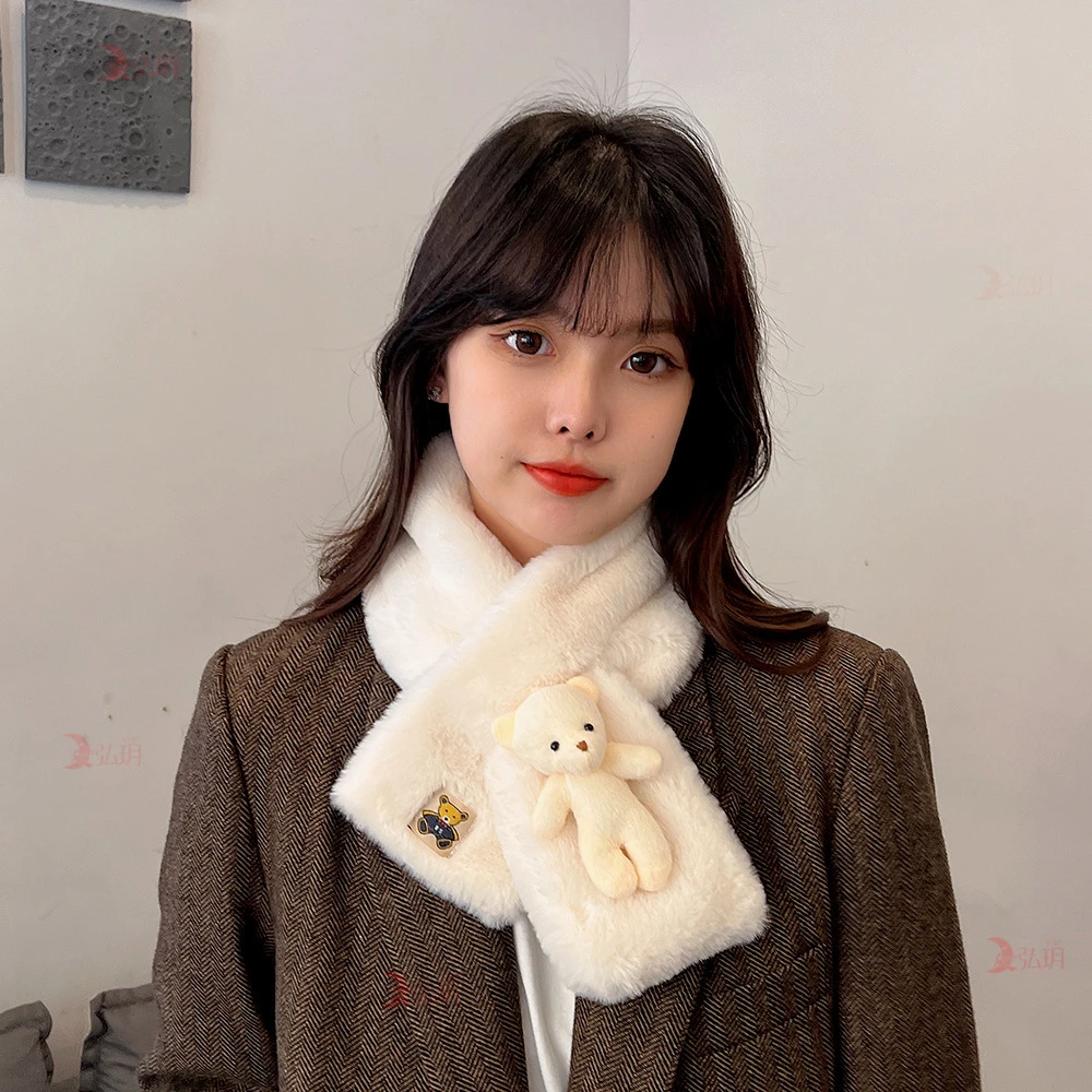 亲子韩版冬季可爱卡通小白熊毛绒围巾新保暖加厚少女百搭交叉围脖