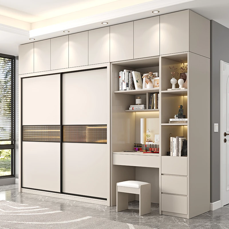 蔚然美家推拉门衣柜现代简约滑门柜子带书桌经济家用卧室移门衣橱