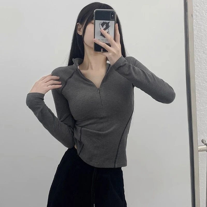 2023秋冬德绒长袖修身显瘦打底衫时尚百搭复古明线拉链开衫上衣女