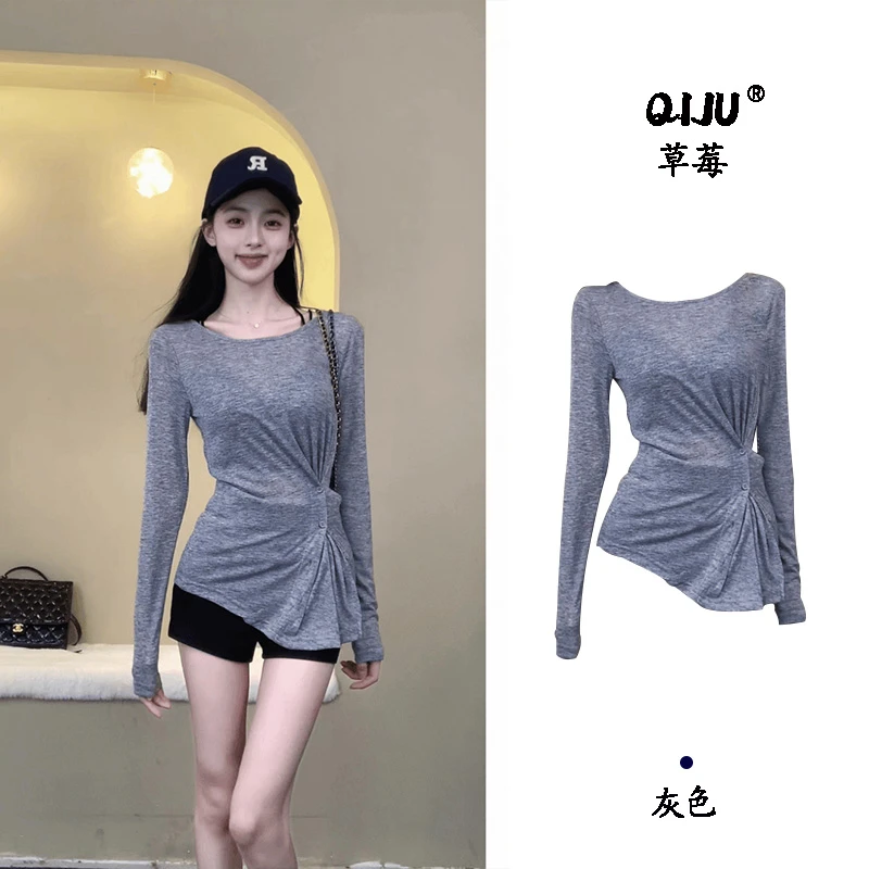 纯欲薄款微透防晒罩衫长袖t恤夏季新款外搭不规则ins修身显瘦上衣