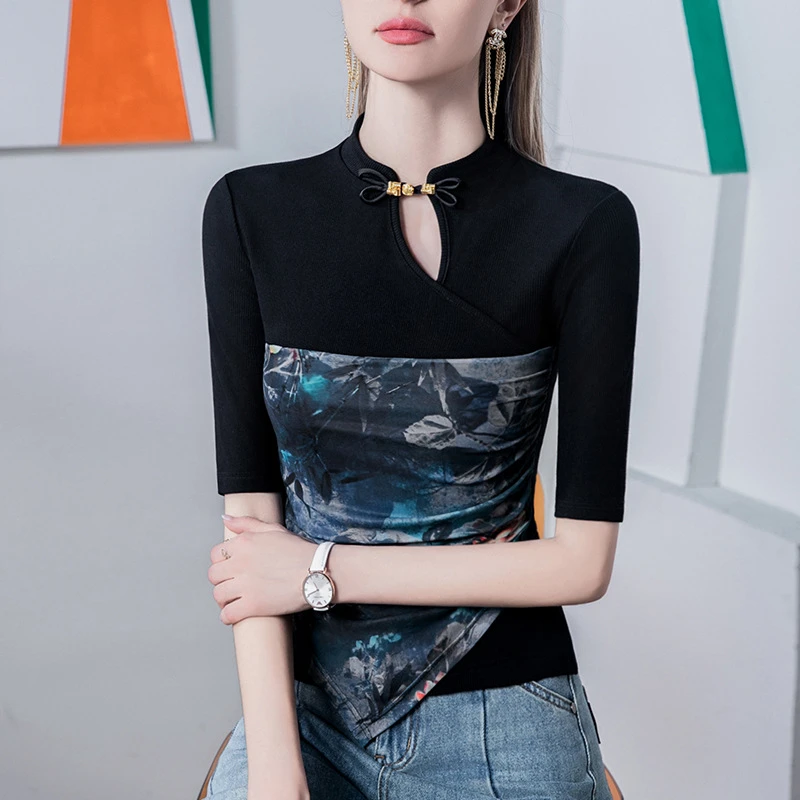中式立领T恤女五分袖2025夏季新款盘扣印花拼接中袖女装气质上衣
