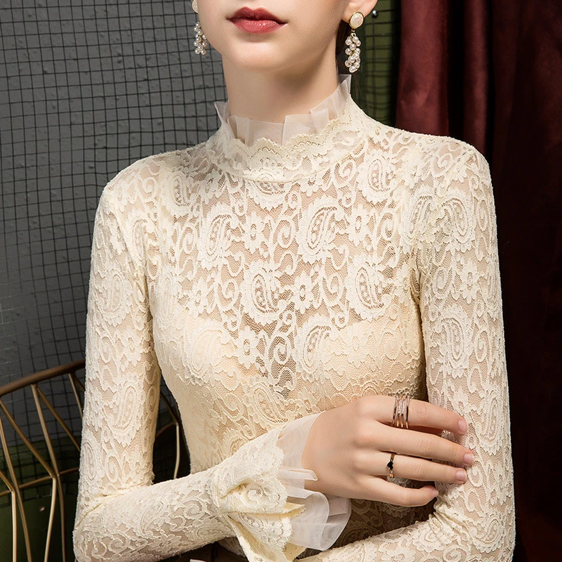 薄款/加绒秋冬蕾丝高领打底衫女修身泡泡袖洋气立领长袖上衣小衫