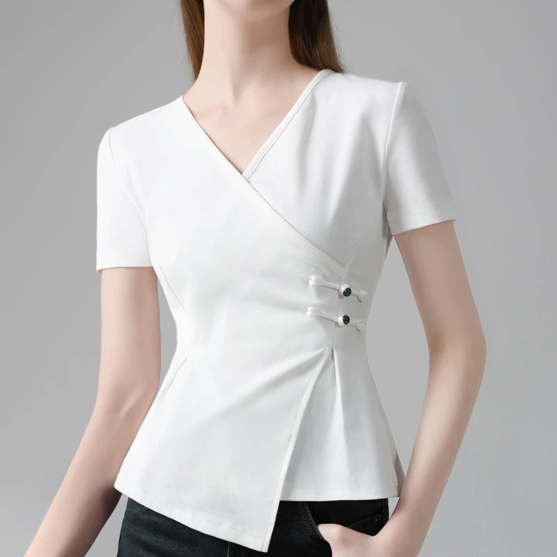 短袖t恤女夏季新款女装交叉v领盘扣体恤不规则下摆收腰减龄上衣女