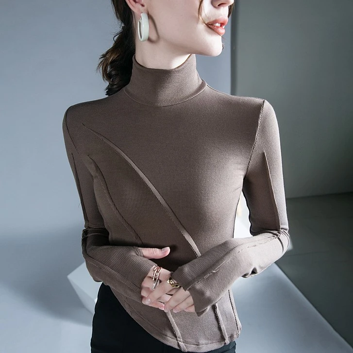 2025春秋新款设计感高领上衣女内搭打底衫洋气不规则半高领小衫潮