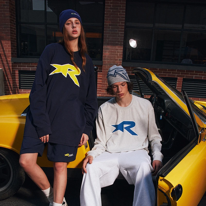 RASS撞色描边星星长袖T恤 春秋夏宽松百搭圆领情侣装T恤.