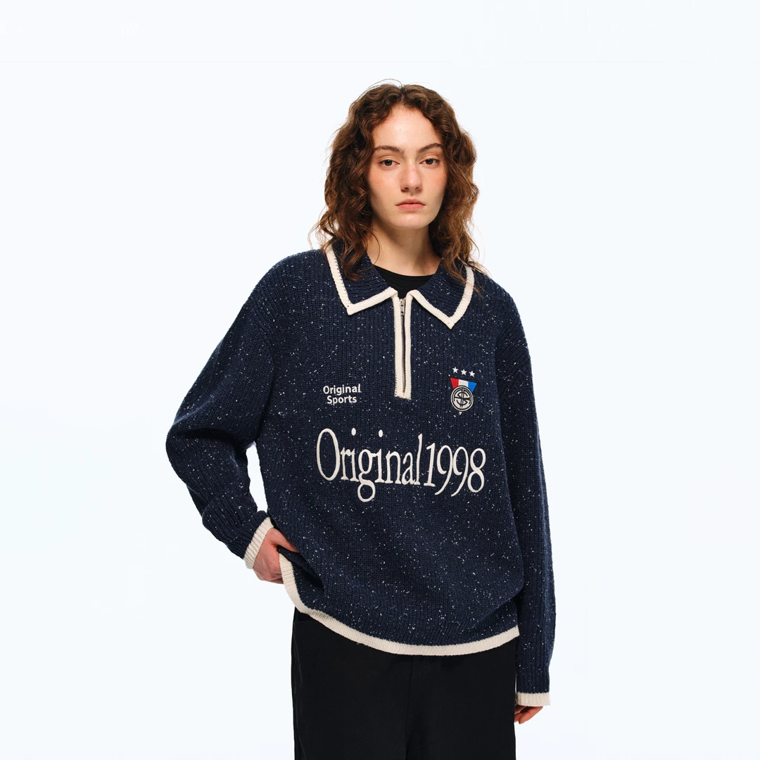 RASS复古刺绣polo毛衣休闲时尚宽松翻领秋冬校园风简约甜酷情侣潮