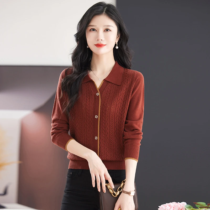 【TQ】2024新款春秋翻领针织衫上衣女妈妈洋气减龄小衫毛衣打底衫