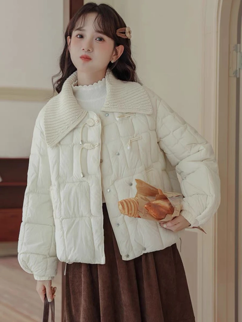 针织翻领轻薄羽绒服女短款小个子2024新款欧货白鸭绒中式盘扣外套