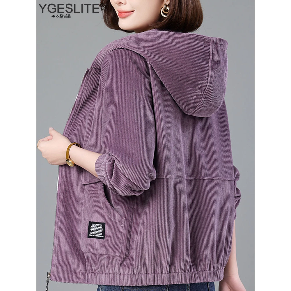 灯芯绒外套女短款春秋妈妈装2025年新款中年妈妈洋气宽松连帽夹克