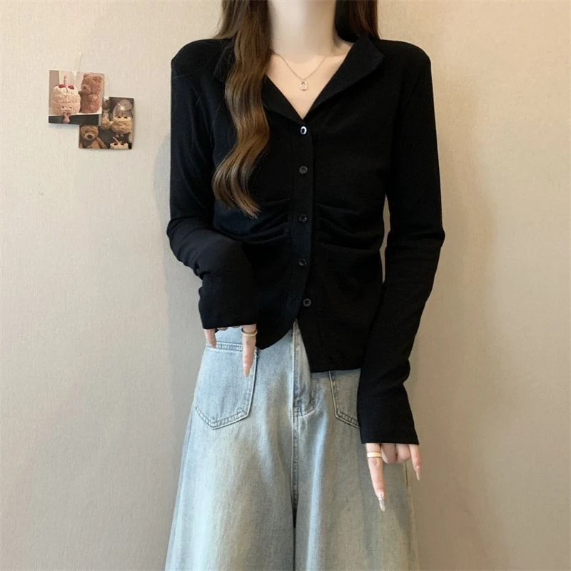 大码翻领纽扣正肩长袖t恤女2024春秋新款宽松收腰显瘦褶皱上衣ins