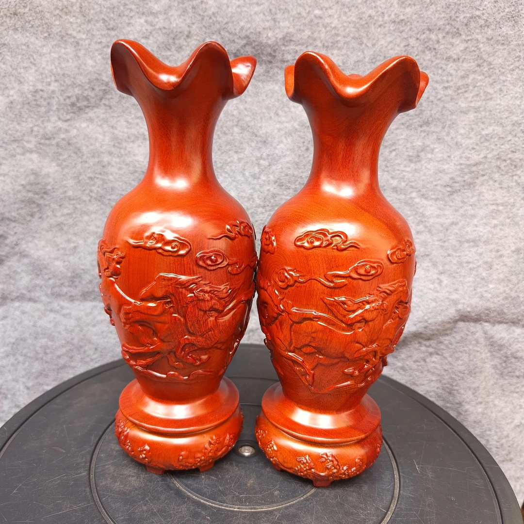 花梨木花瓶木雕花瓶实木博古架摆件花瓶雕刻工艺八马雕刻花瓶摆件