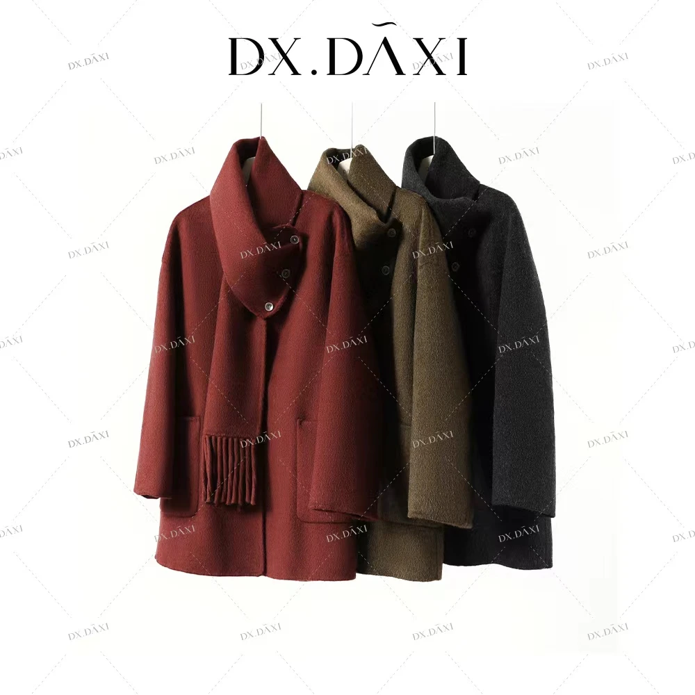 DX.DAXI【浅雪山茶】女士围巾双面羊毛大衣手工缝制百搭毛呢外套