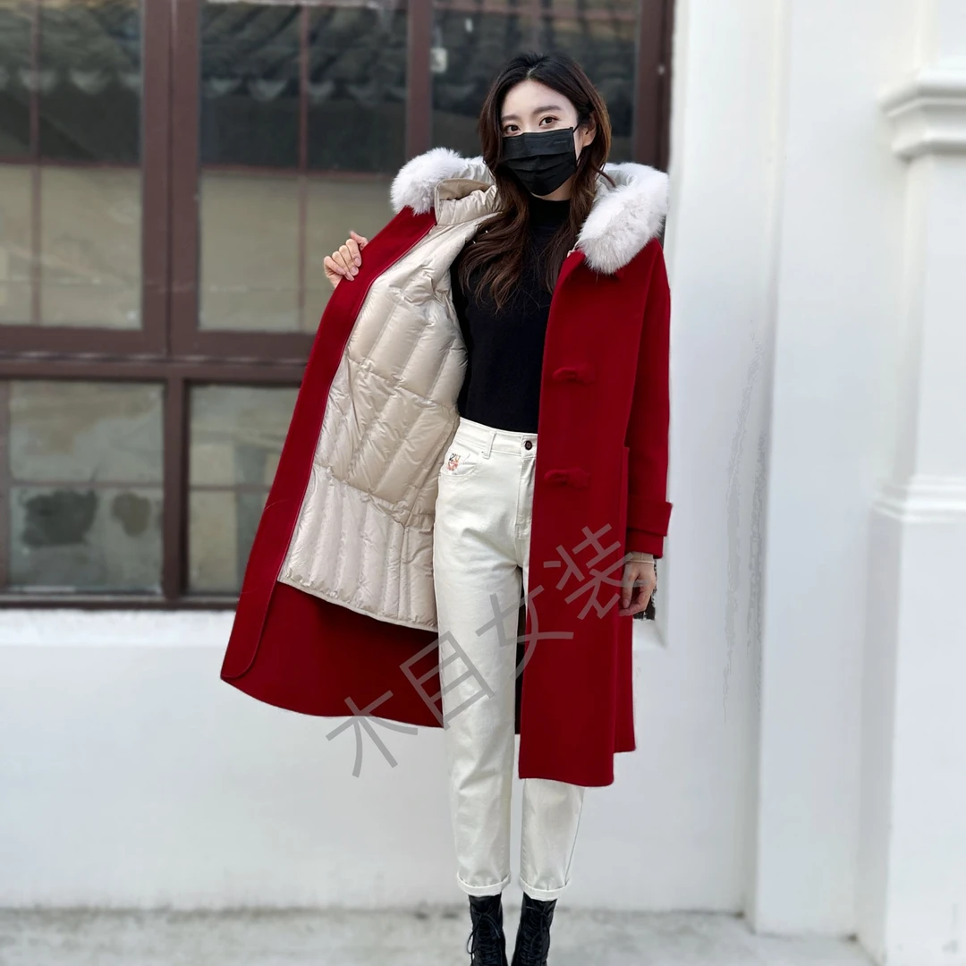 羽绒服连帽加绒长款女装红色女士修身大毛领可拆卸时尚