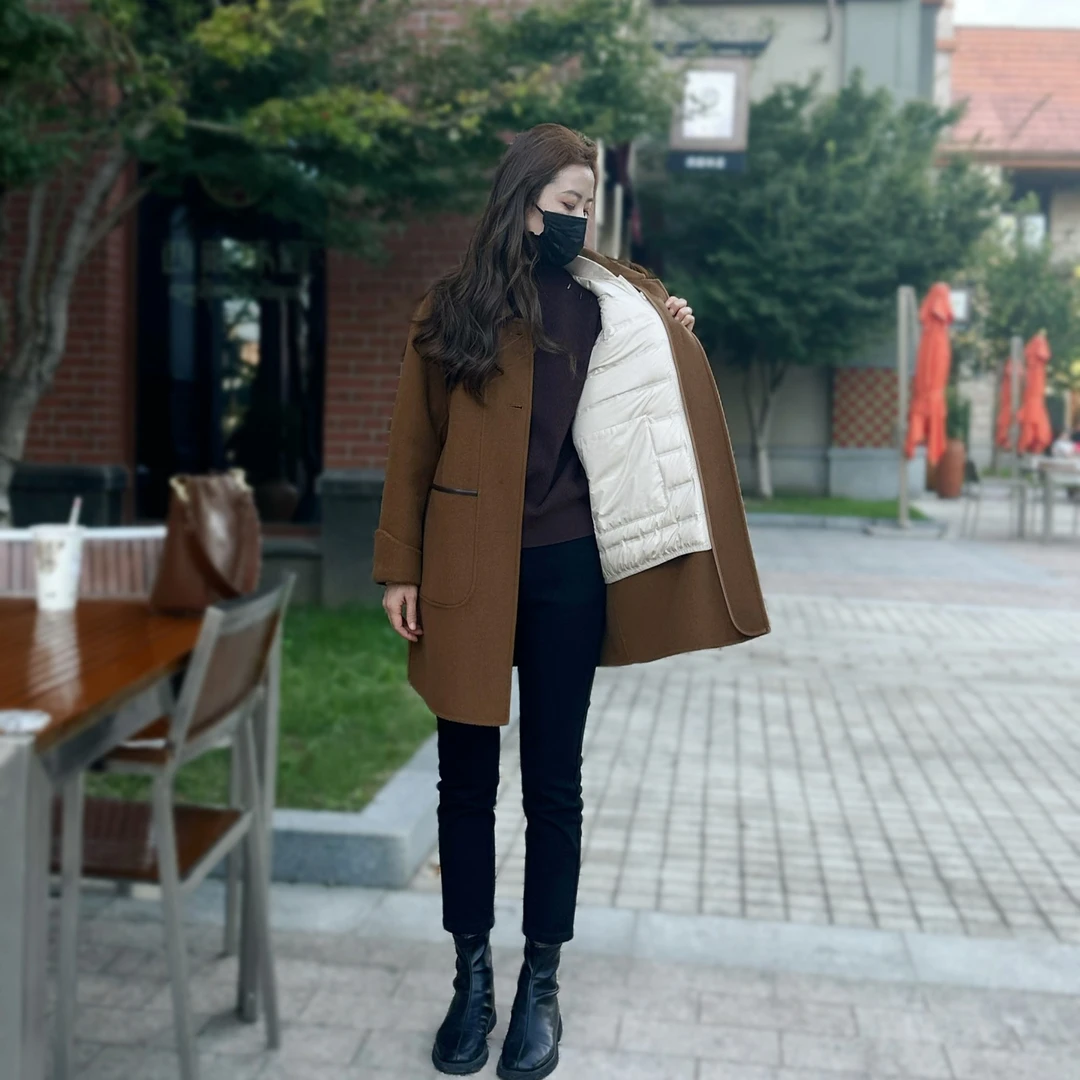 N575--冬季气质百搭风女士可拆卸内胆鹅绒大衣加厚羊毛双面呢外套