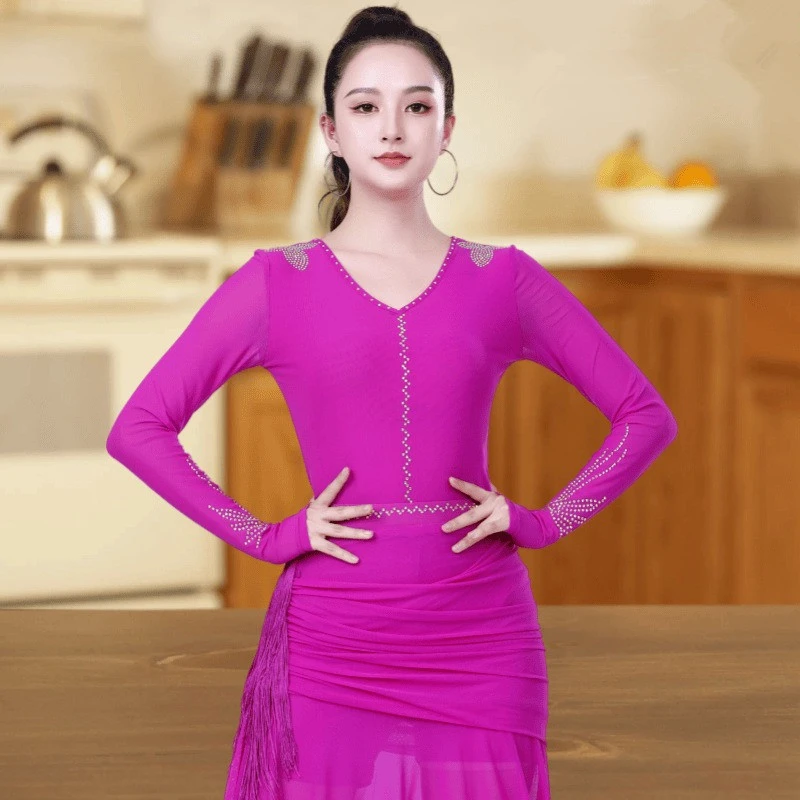 玫红伦巴舞蹈服新款汉舞王花式广场舞服镶钻交谊舞上衣女演出服秋