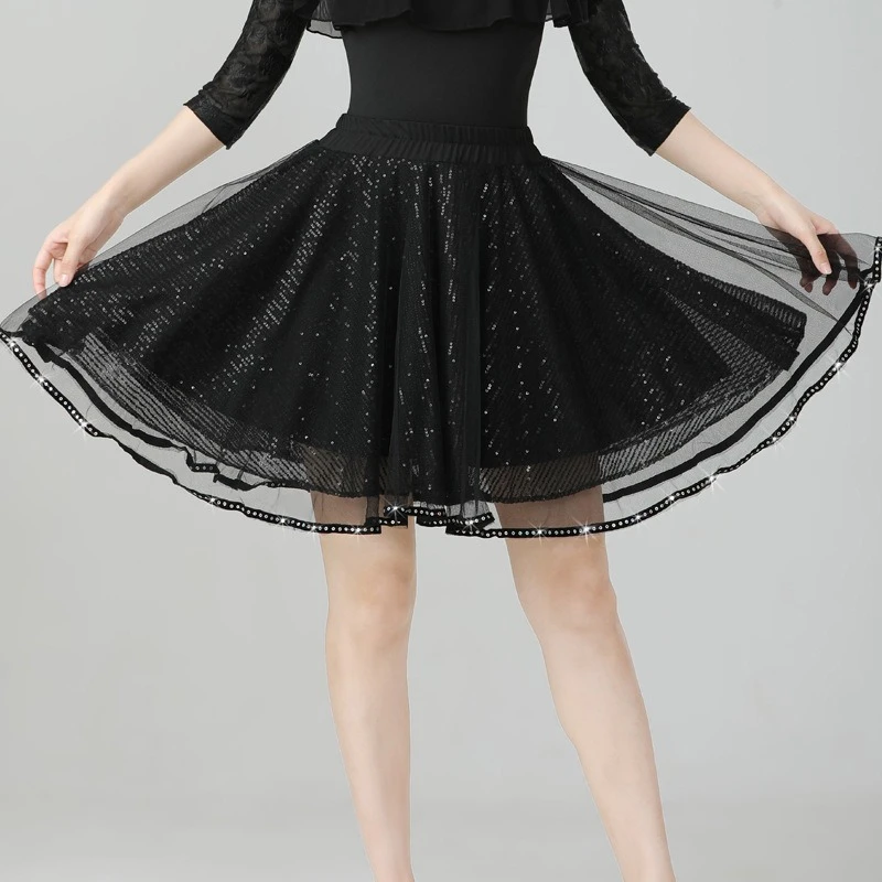 新款点帕斯舞半身裙广场舞裙子拉丁舞裙三步踩亮片交谊舞裙大摆裙