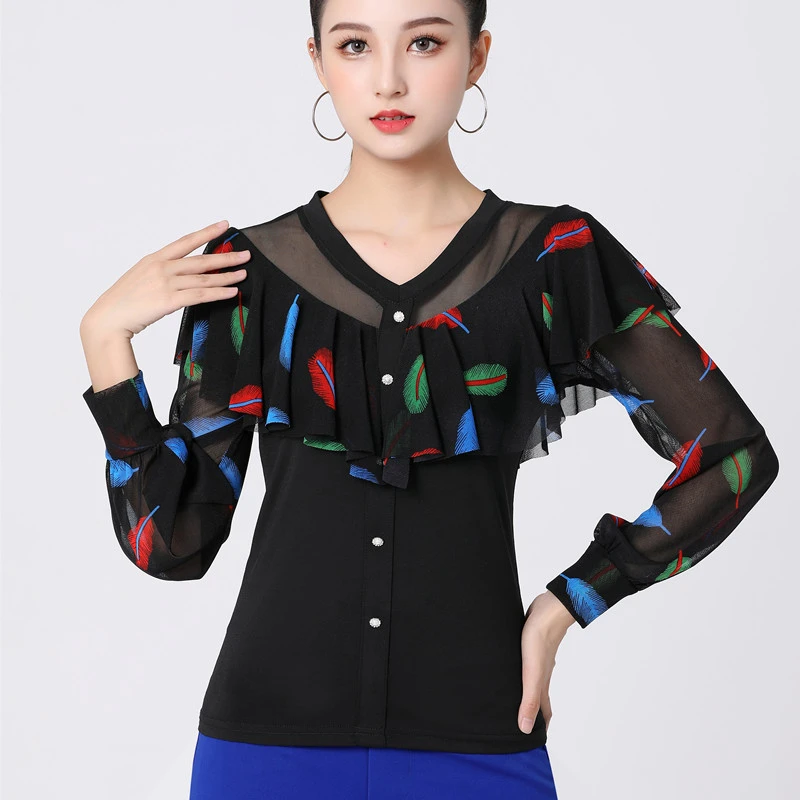 广场舞上衣女交谊舞舞蹈服跳舞衣服花色长袖春秋季演出服水兵舞服