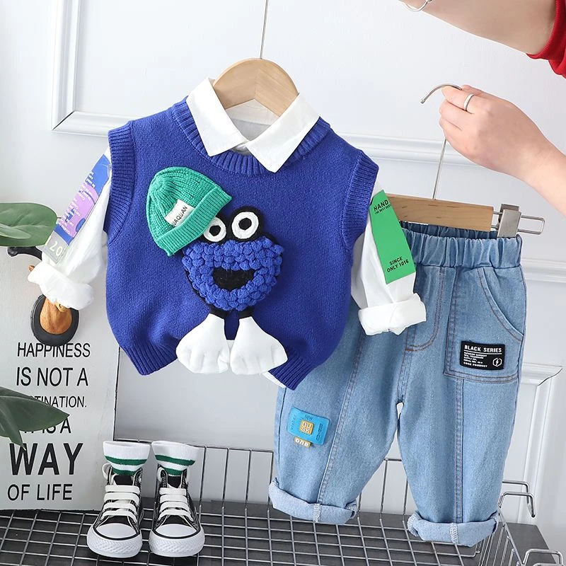 男童春秋季套装2024新款洋气宝宝春装毛衣马甲三件套儿童帅气D55