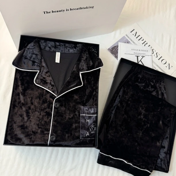 山茶花男士金丝绒睡衣秋冬季长袖保暖厚款韩版细绒简约家居服套装