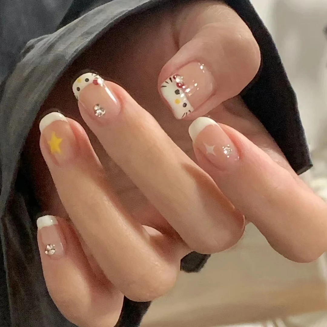 (短)爆款穿戴甲短款Hello Kitty甜美星星美甲指甲贴片