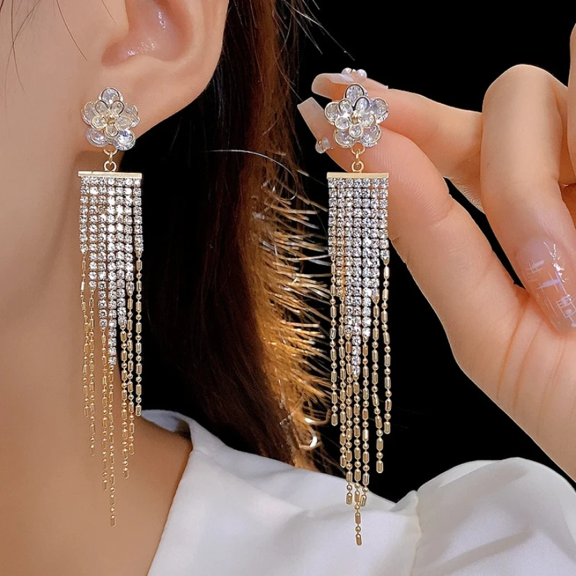 铜合金耳饰 花朵流苏轻奢长款流苏个性夸张百搭高级感耳环5729