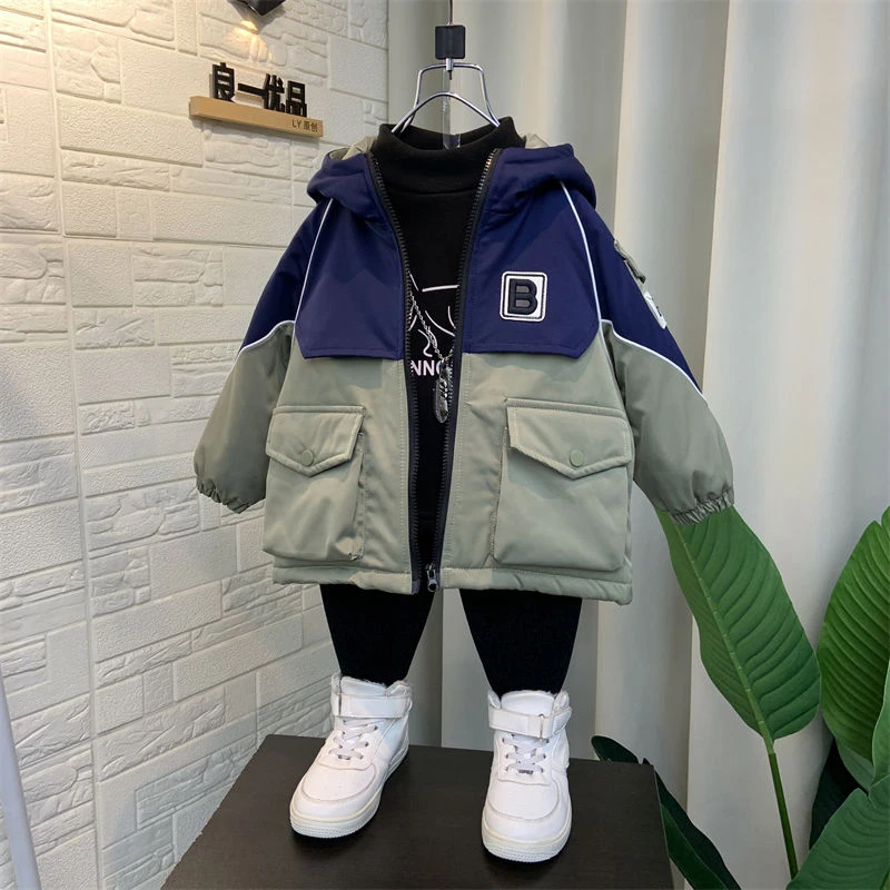 男童棉服儿童加绒冲锋衣2023新款痞帅宝宝秋冬季加厚派克服外套潮