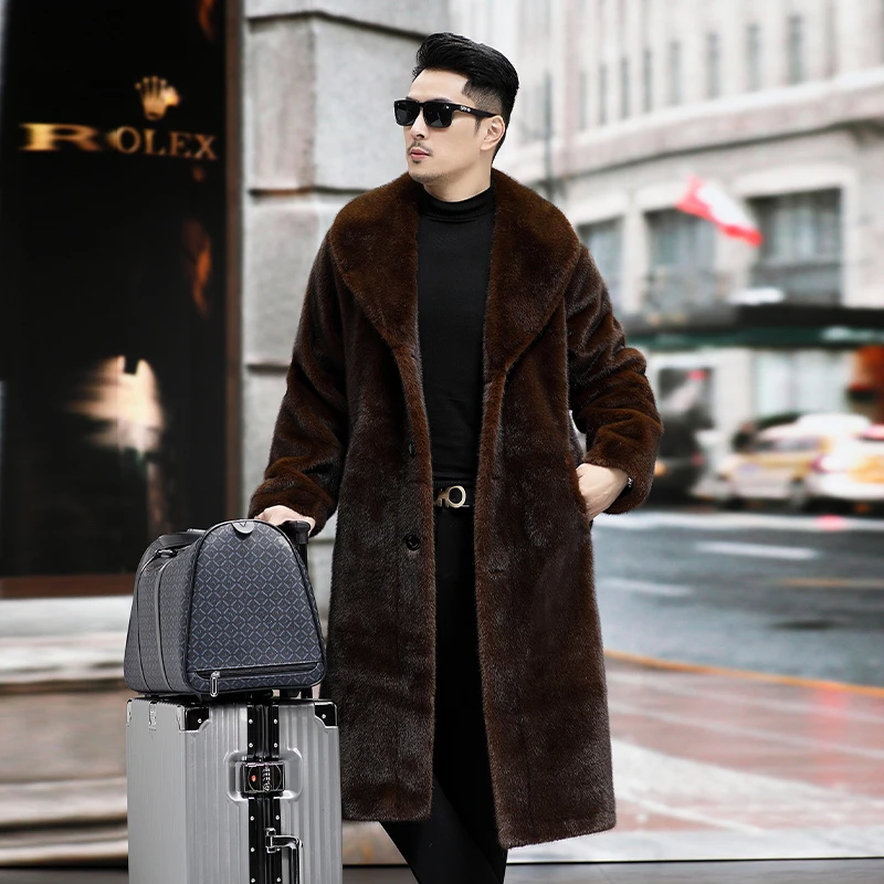 冬季仿水貂毛皮草大衣男长款过膝人造毛皮草外套加厚毛绒风衣棉衣