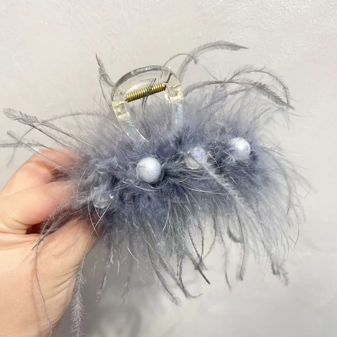 秋冬新款8cm羽毛抓夹纯欲风高级感显发量毛毛夹后脑勺盘发半夹