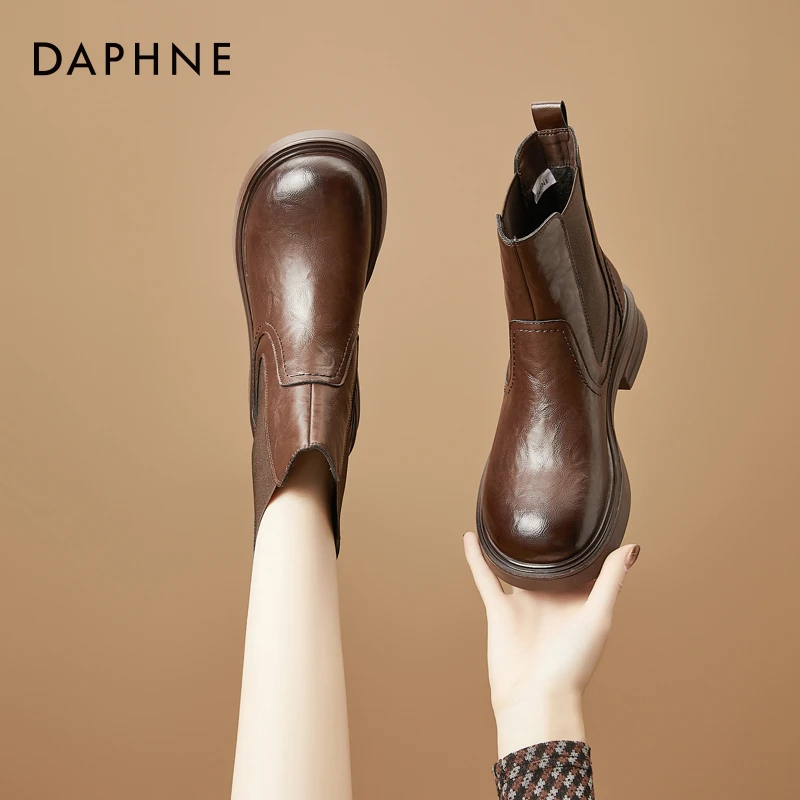 达芙妮粗跟切尔西靴女2025秋冬新款复古洋气短靴英伦风加绒马丁靴